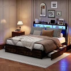 Lit 160x200 cuir PU noir, cadre métal, LED, tête de lit avec rangement, tiroirs, design moderne pour enfants/ados