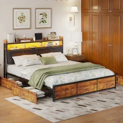 Lit 160x200 cuir PU noir, cadre métal, LED, tête de lit avec rangement, tiroirs, design moderne pour enfants/ados