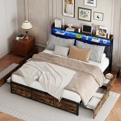 Lit 160x200 cuir PU noir, cadre métal, LED, tête de lit avec rangement, tiroirs, design moderne pour enfants/ados