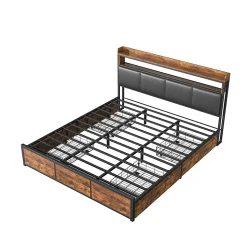 Lit 160x200 cuir PU noir, cadre métal, LED, tête de lit avec rangement, tiroirs, design moderne pour enfants/ados