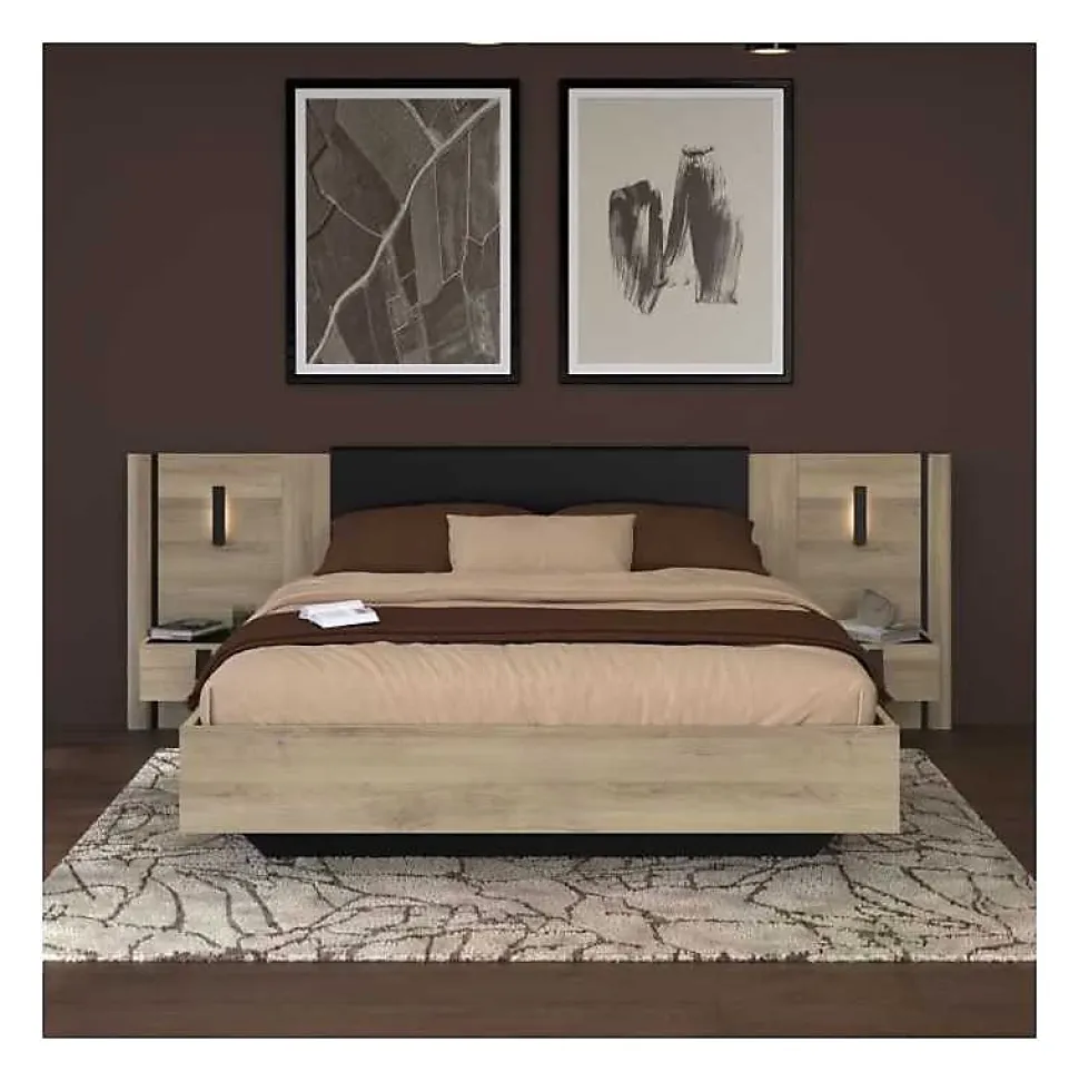 Lit 140x190/200 PARISOT KIERAN chêne noir avec chevets intégrés