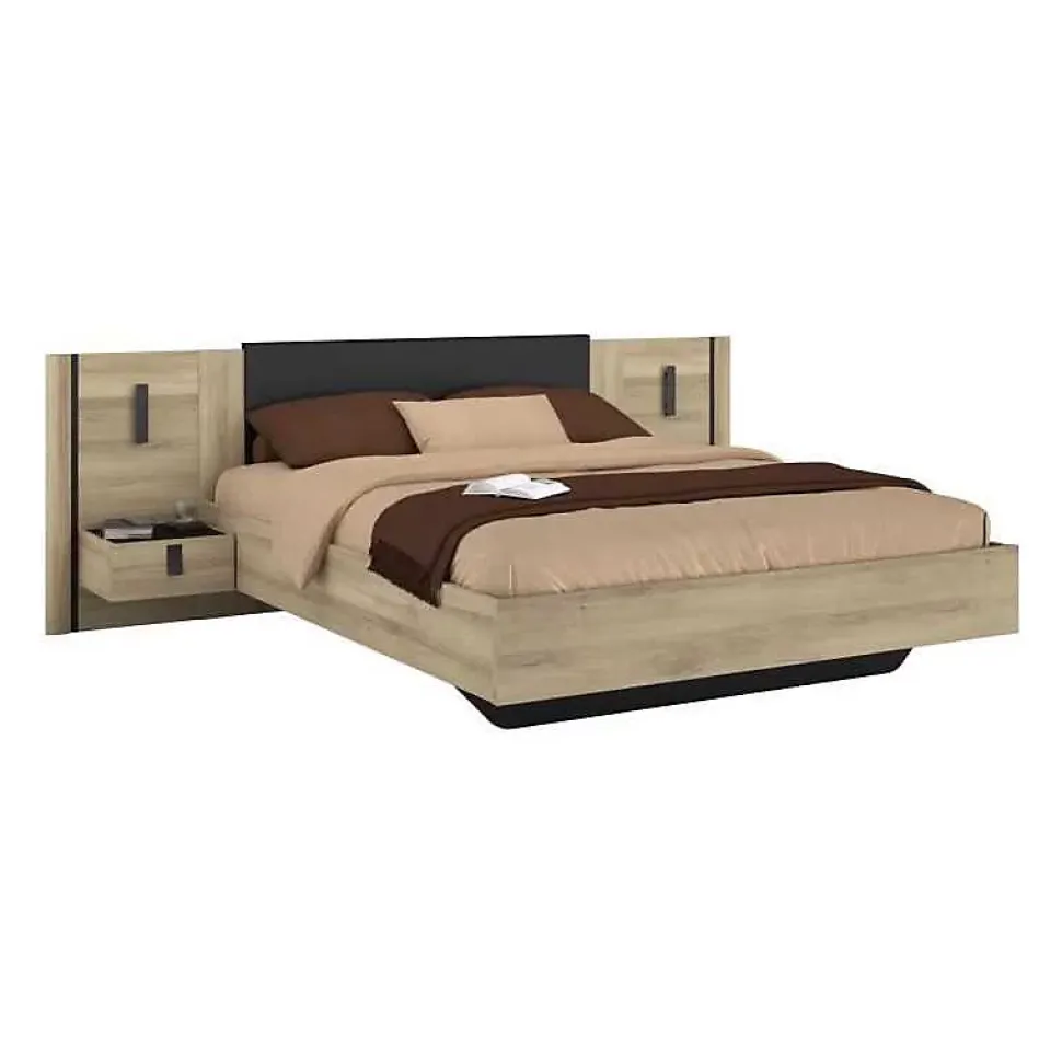 Lit 140x190/200 PARISOT KIERAN chêne noir avec chevets intégrés