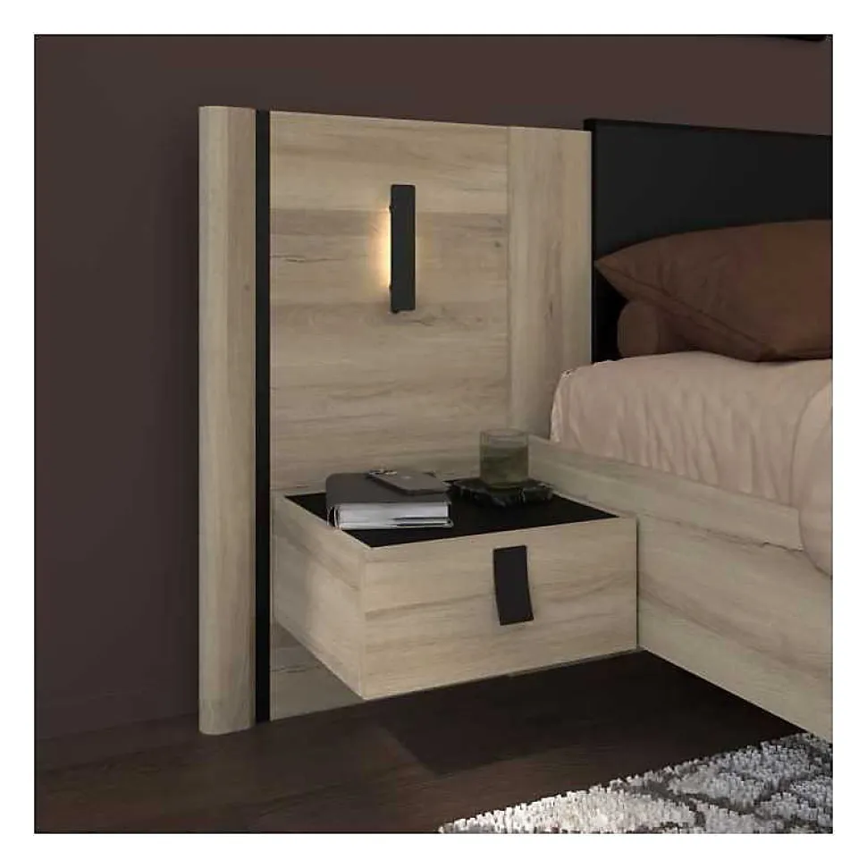 Lit 140x190/200 PARISOT KIERAN chêne noir avec chevets intégrés