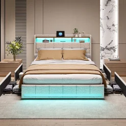 Lit 180x200 Sommier LED Et 2 USB, Type-c, Lit Capitonné Lit Double Avec 4 Tiroirs, Lin, Beige