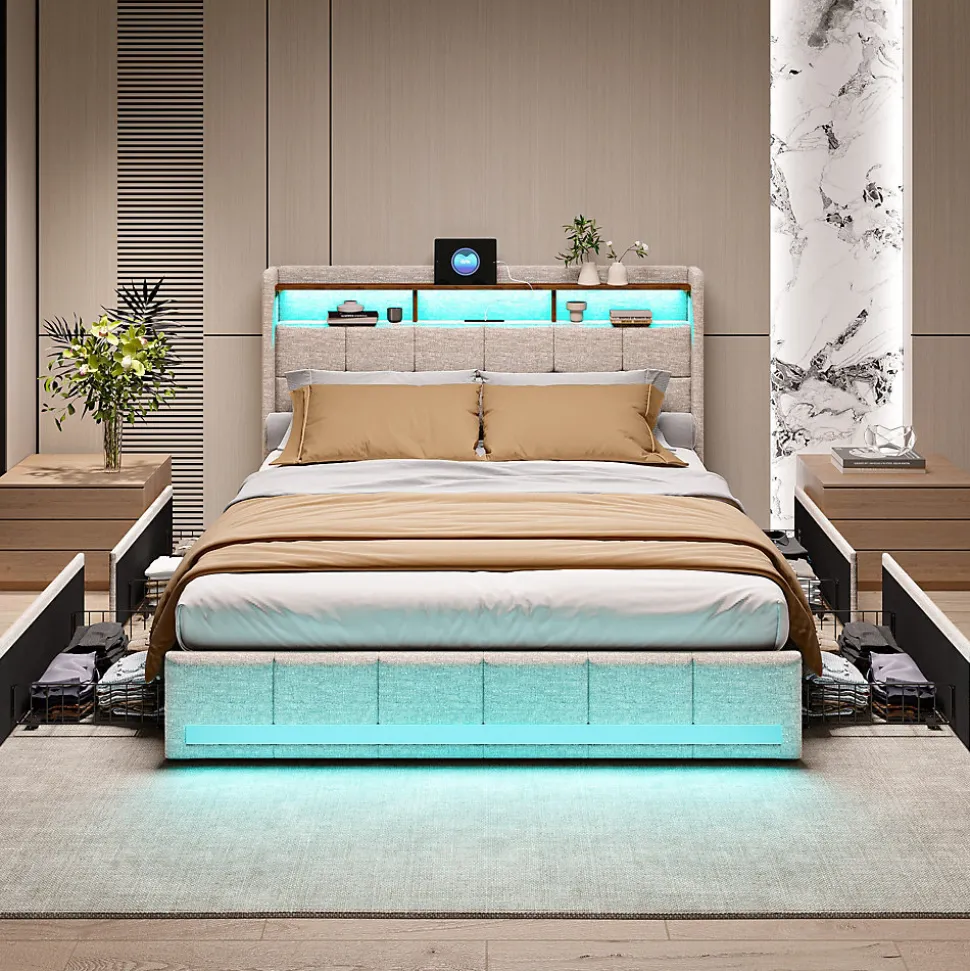 Lit 180x200 Sommier LED Et 2 USB, Type-c, Lit Capitonné Lit Double Avec 4 Tiroirs, Lin, Beige