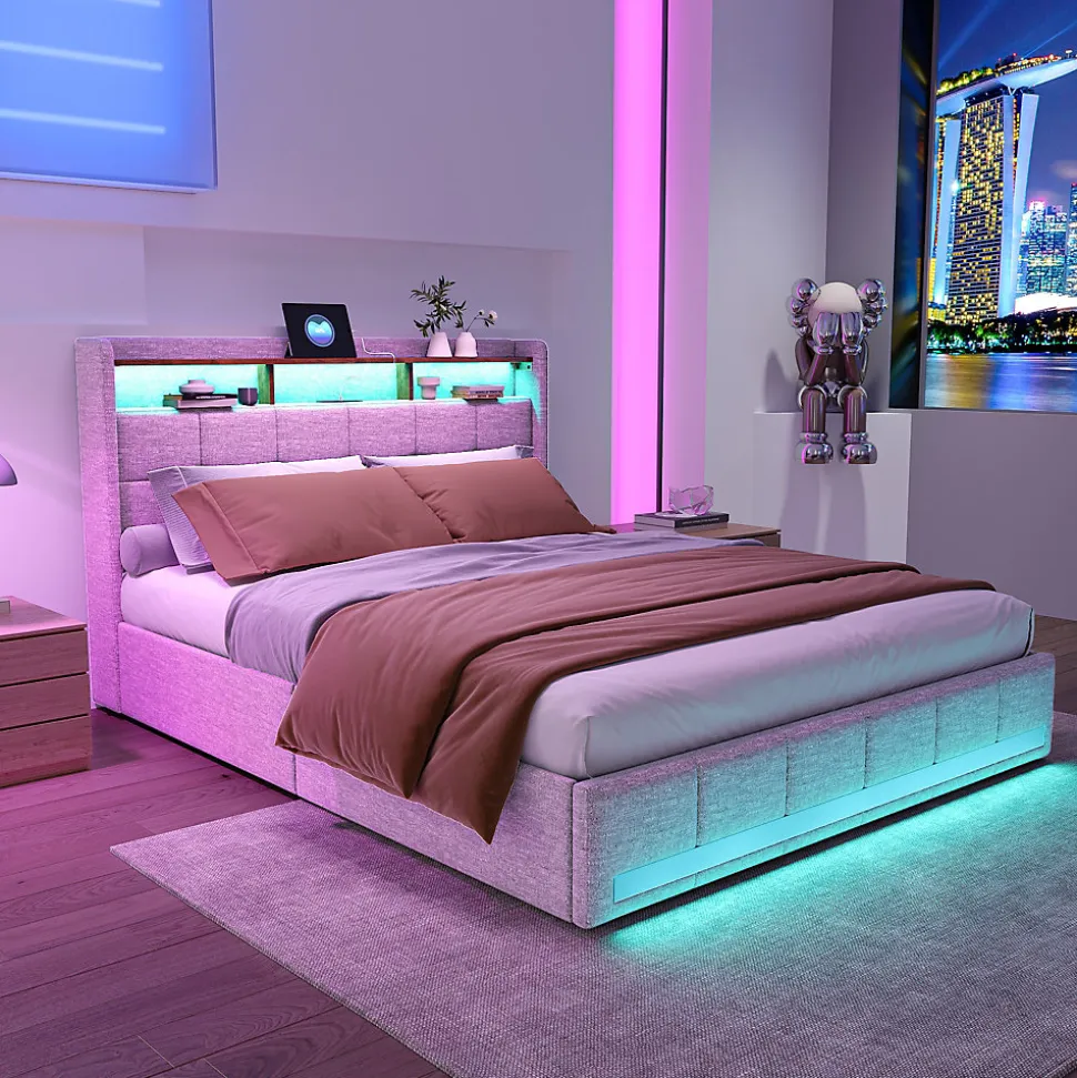 Lit 180x200 Sommier LED Et 2 USB, Type-c, Lit Capitonné Lit Double Avec 4 Tiroirs, Lin, Beige