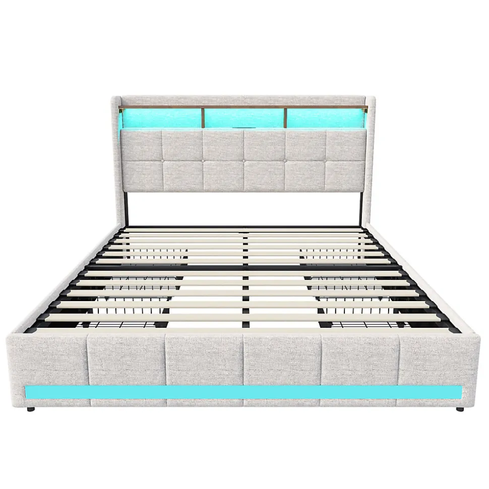 Lit 180x200 Sommier LED Et 2 USB, Type-c, Lit Capitonné Lit Double Avec 4 Tiroirs, Lin, Beige