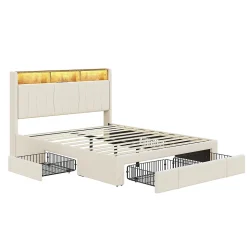Lit 160x200 Sommier LED et USB, Type-C,Lit Capitonné Lit Double avec 4 Tiroirs,Velours, Beige