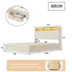 Lit 160x200 Sommier LED et USB, Type-C,Lit Capitonné Lit Double avec 4 Tiroirs,Velours, Beige