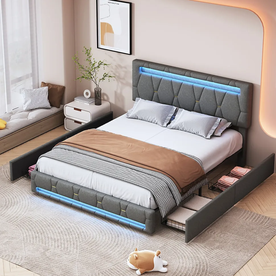 Lit 140x200cm avec 4 tiroirs + LED + sommier à lattes - lin - Gris