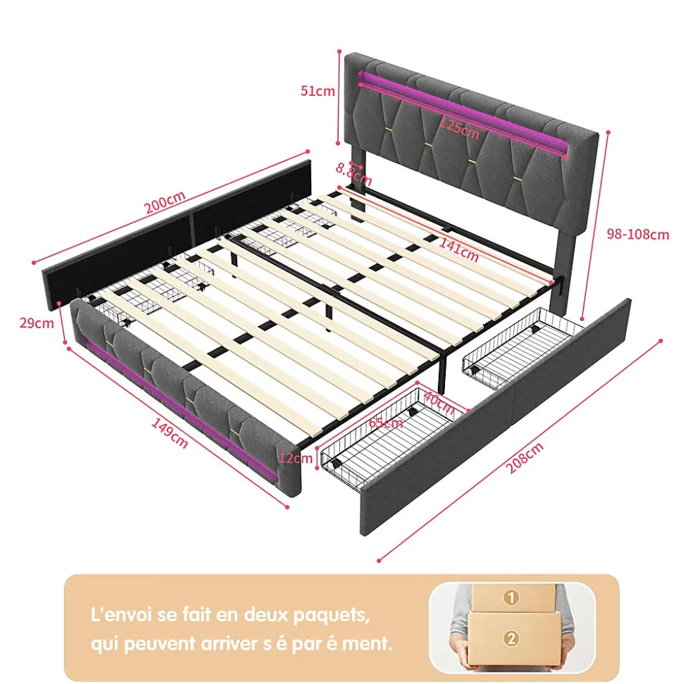 Lit 140x200cm avec 4 tiroirs + LED + sommier à lattes - lin - Gris