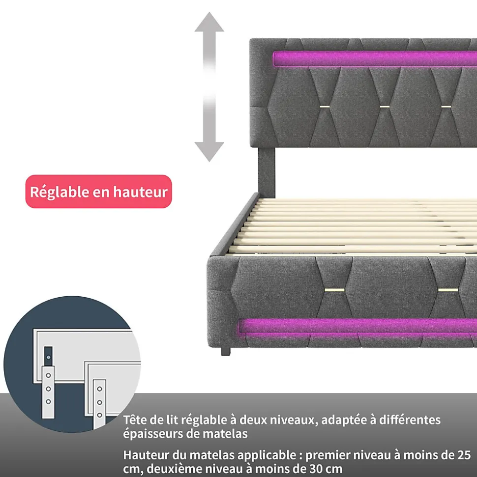 Lit 140x200cm avec 4 tiroirs + LED + sommier à lattes - lin - Gris