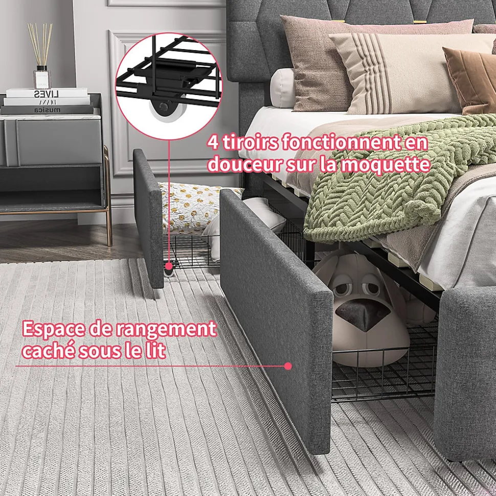 Lit 140x200cm avec 4 tiroirs + LED + sommier à lattes - lin - Gris