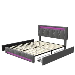 Lit 140x200cm avec 4 tiroirs + LED + sommier à lattes - lin - Gris
