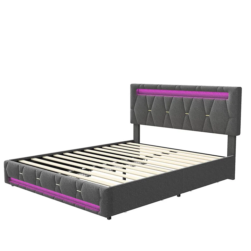 Lit 140x200cm avec 4 tiroirs + LED + sommier à lattes - lin - Gris