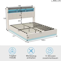 lit 140x200cm avec éclairage LED, Lit Coffre avec Sommier à Lattes, Prises, USB et Type-C, Velours