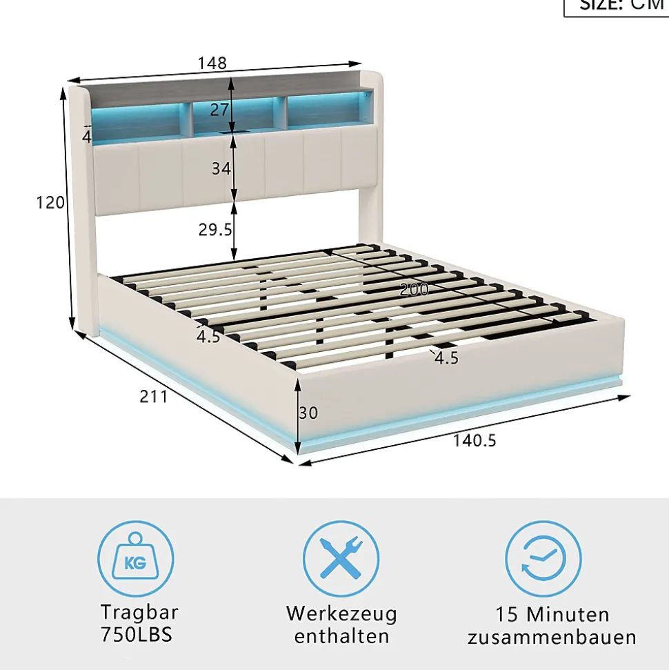 lit 140x200cm avec éclairage LED, Lit Coffre avec Sommier à Lattes, Prises, USB et Type-C, Velours