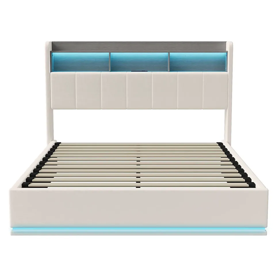 lit 140x200cm avec éclairage LED, Lit Coffre avec Sommier à Lattes, Prises, USB et Type-C, Velours