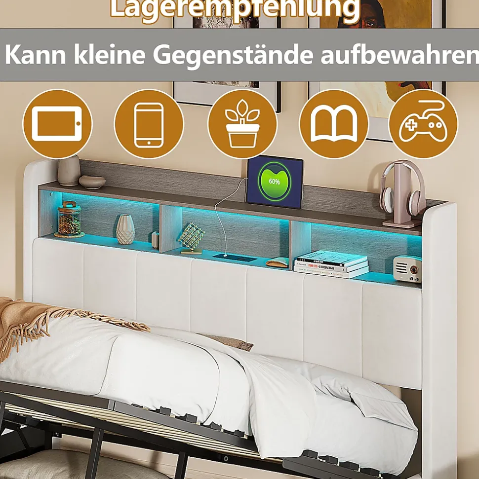 lit 140x200cm avec éclairage LED, Lit Coffre avec Sommier à Lattes, Prises, USB et Type-C, Velours