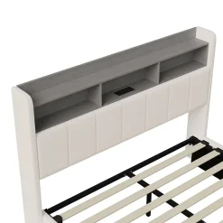 lit 140x200cm avec éclairage LED, Lit Coffre avec Sommier à Lattes, Prises, USB et Type-C, Velours