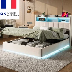 lit 160x200cm avec éclairage LED, Lit Coffre avec Sommier à Lattes, Prises, USB et Type-C, Velours