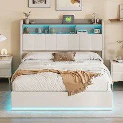 lit 160x200cm avec éclairage LED, Lit Coffre avec Sommier à Lattes, Prises, USB et Type-C, Velours