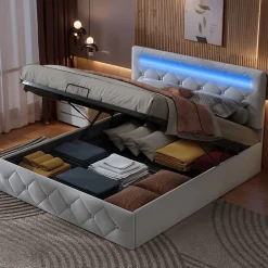 Lit 160x200cm avec LED - Sommier à Lattes - Grand Rangement - Beige