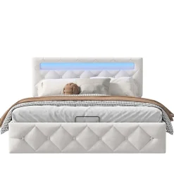 Lit 160x200cm avec LED - Sommier à Lattes - Grand Rangement - Beige