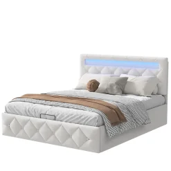 Lit 160x200cm avec LED - Sommier à Lattes - Grand Rangement - Beige