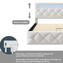 Lit 160x200cm avec LED - Sommier à Lattes - Grand Rangement - Beige