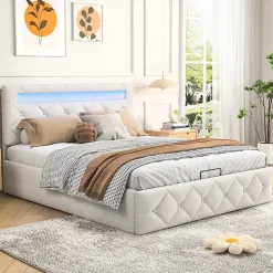 Lit 160x200cm avec LED - Sommier à Lattes - Grand Rangement - Beige