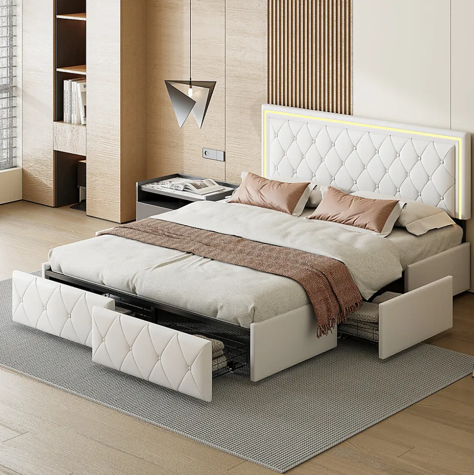 Lit 140x200cm avec LED tête de lit relevable, Lit capitonné avec 4 tiroirs et Rangement Lit, Blanc