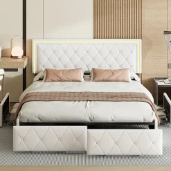Lit 140x200cm avec LED tête de lit relevable, Lit capitonné avec 4 tiroirs et Rangement Lit, Blanc