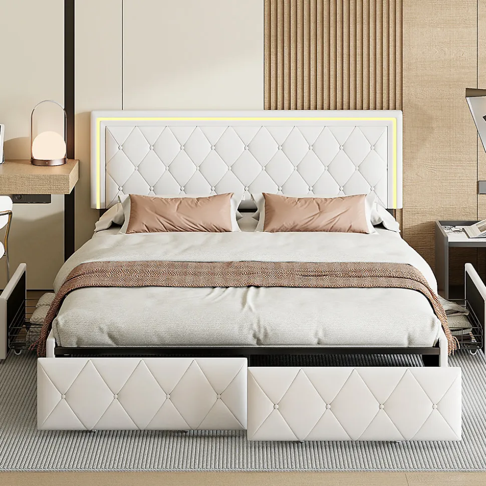 Lit 140x200cm avec LED tête de lit relevable, Lit capitonné avec 4 tiroirs et Rangement Lit, Blanc