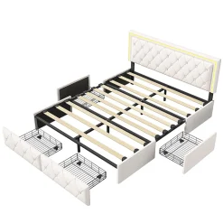 Lit 140x200cm avec LED tête de lit relevable, Lit capitonné avec 4 tiroirs et Rangement Lit, Blanc