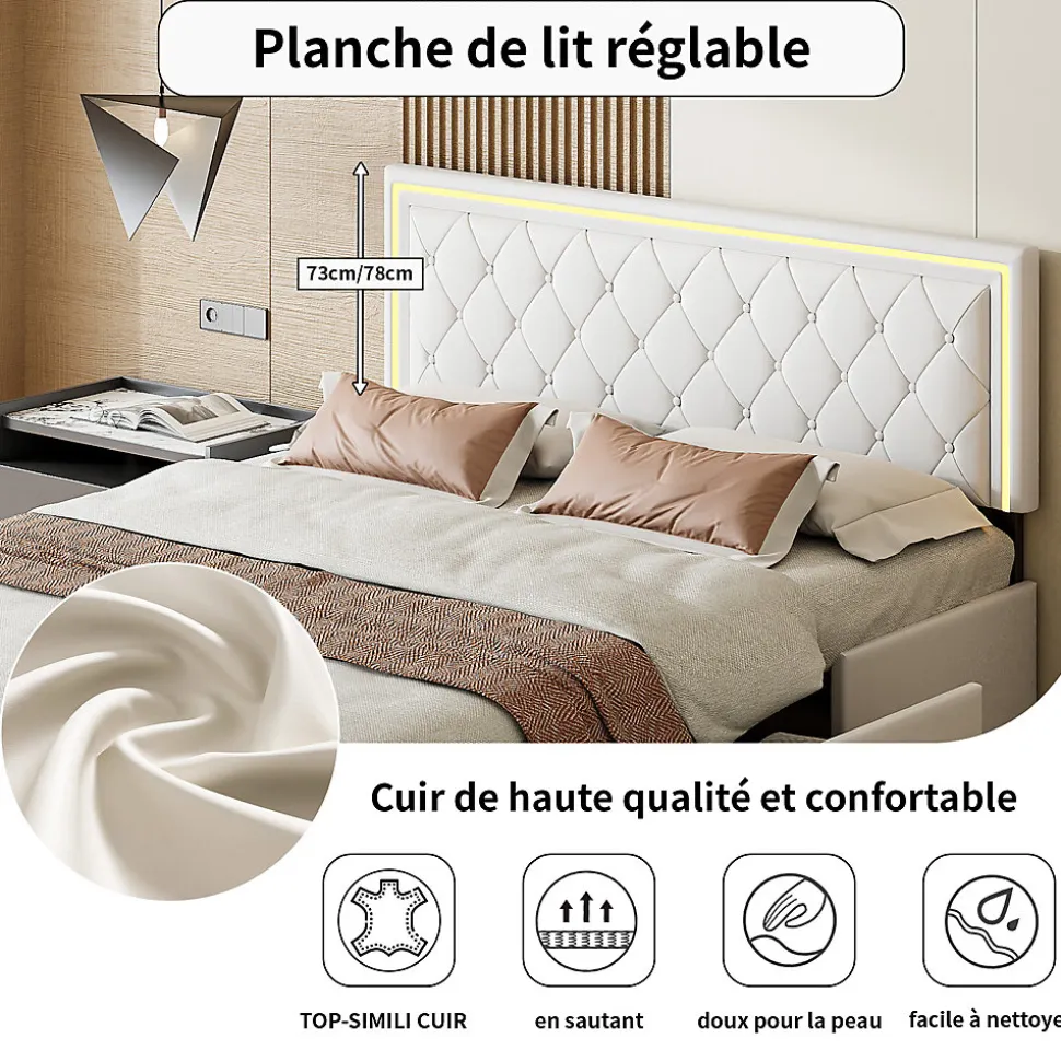 Lit 140x200cm avec LED tête de lit relevable, Lit capitonné avec 4 tiroirs et Rangement Lit, Blanc