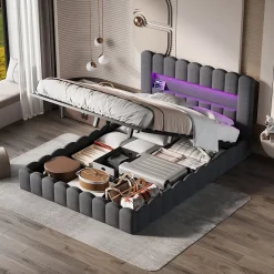 Lit 180x200cm avec LED tête de lit, Lit capitonné avec Rangement, Lit Coffre, Lin, Gris