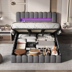 Lit 180x200cm avec LED tête de lit, Lit capitonné avec Rangement, Lit Coffre, Lin, Gris