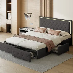 Lit 160x200cm Avec LED Tête De Lit Relevable, Lit Capitonné Avec 4 Tiroirs Et Rangement Lit, Gris