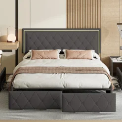 Lit 160x200cm Avec LED Tête De Lit Relevable, Lit Capitonné Avec 4 Tiroirs Et Rangement Lit, Gris