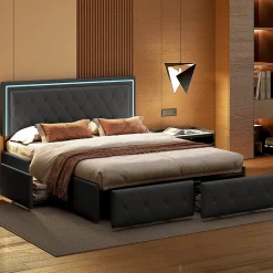 Lit 160x200cm Avec LED Tête De Lit Relevable, Lit Capitonné Avec 4 Tiroirs Et Rangement Lit, Gris