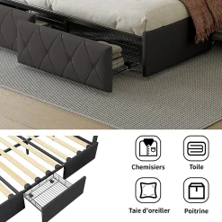 Lit 160x200cm Avec LED Tête De Lit Relevable, Lit Capitonné Avec 4 Tiroirs Et Rangement Lit, Gris
