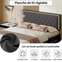 Lit 160x200cm Avec LED Tête De Lit Relevable, Lit Capitonné Avec 4 Tiroirs Et Rangement Lit, Gris