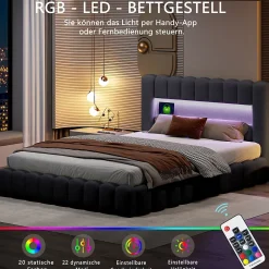 Lit 180x200cm avec LED tête de lit, Lit capitonné avec Rangement, Lit Coffre, Lin, Gris