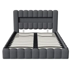 Lit 180x200cm avec LED tête de lit, Lit capitonné avec Rangement, Lit Coffre, Lin, Gris