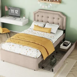 Lit 90x200cm, avec tiroirs et clous décoratifs, Beige