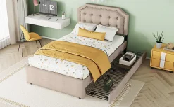 Lit 90x200cm, avec tiroirs et clous décoratifs, Beige