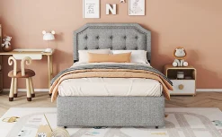 Lit 90x200cm, avec tiroirs et clous décoratifs, Gris