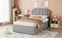 Lit 90x200cm, avec tiroirs et clous décoratifs, Gris