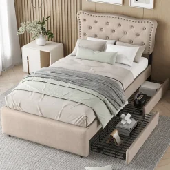 Lit 90x200cm, avec tiroirs et clous décoratifs, Beige